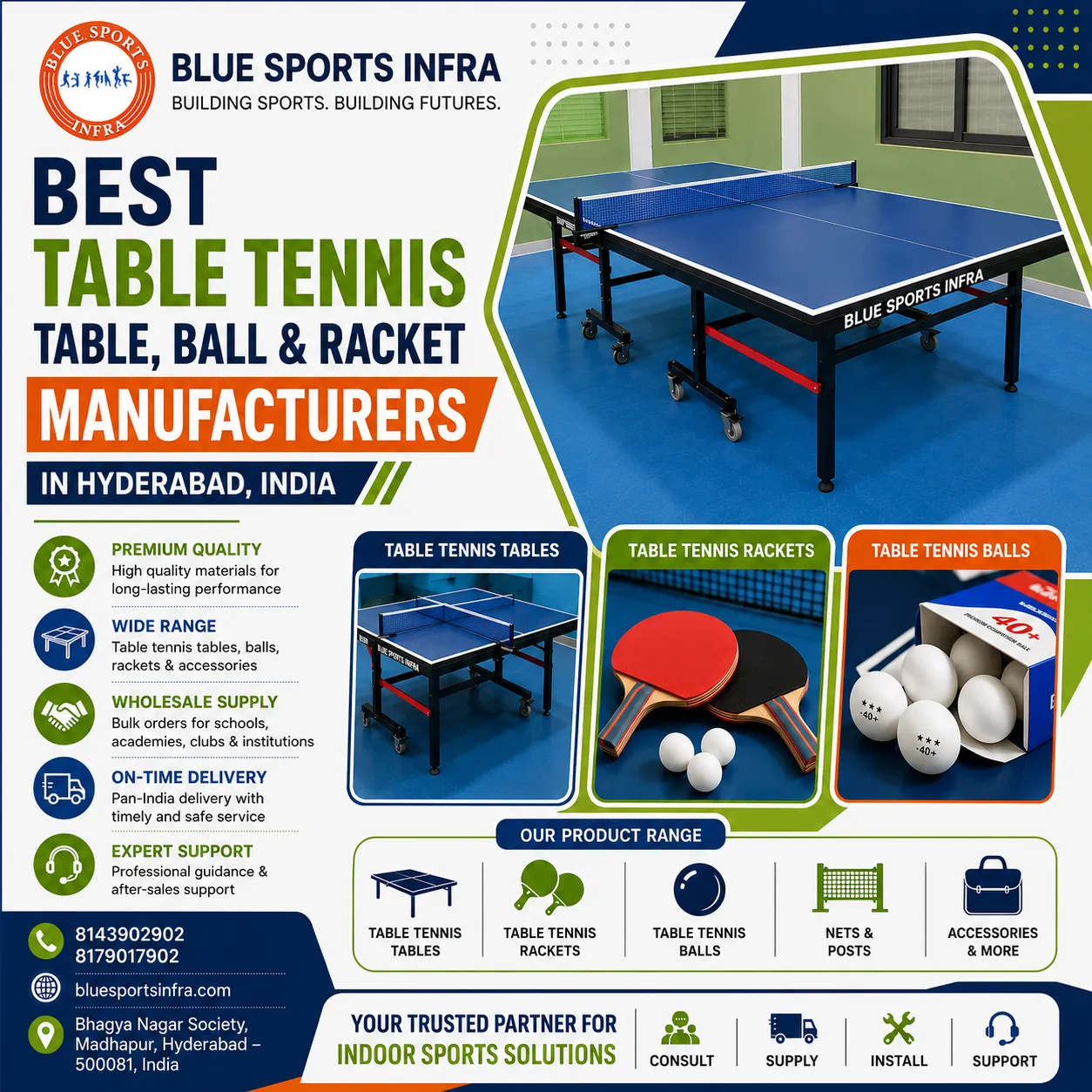 Best Table Tennis Table, Ball and Racket Manufacturers in Hyderabad, India